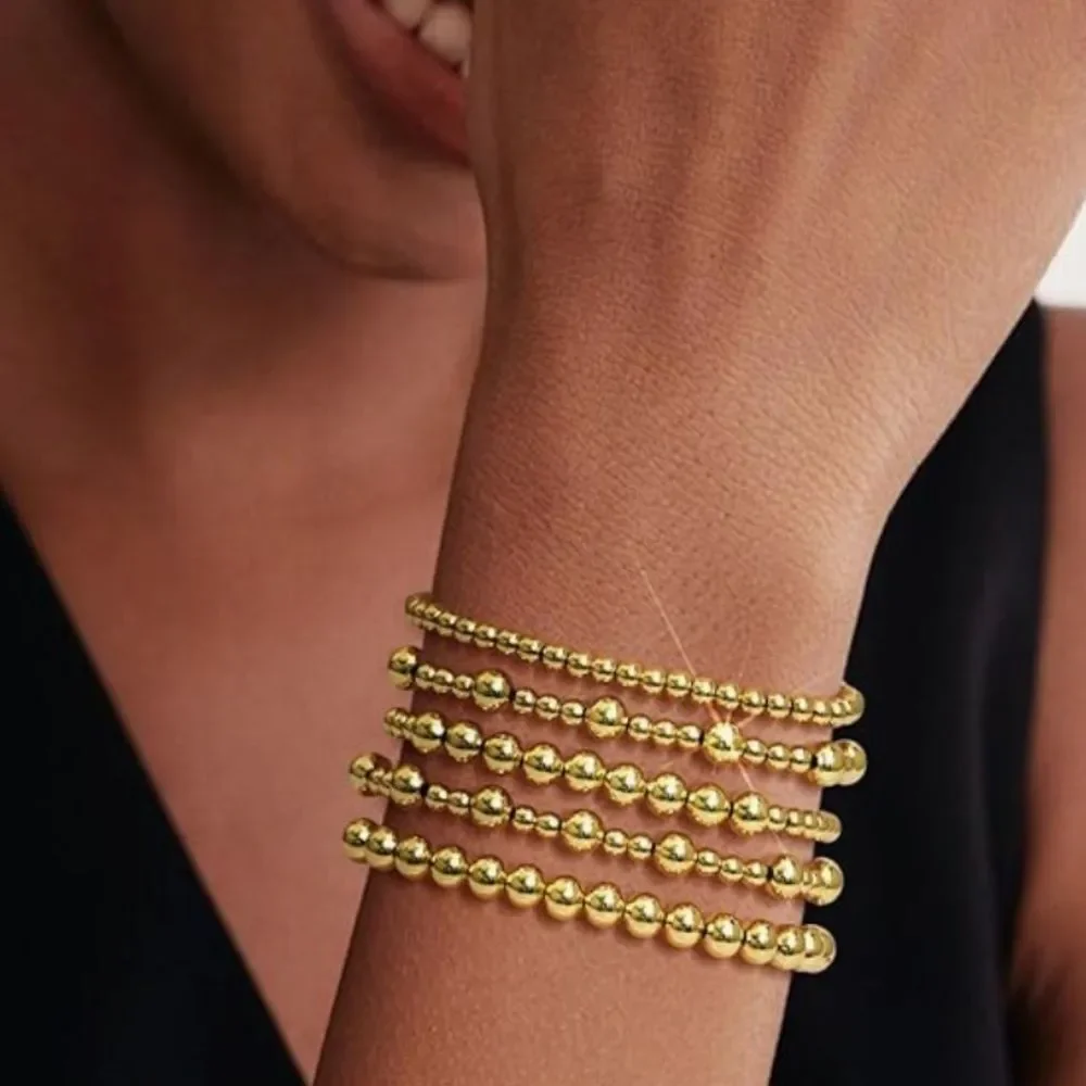 NEW 14K Gold Plated Bracelet Stack Strand Stretch Bead Ball Bracelet Set